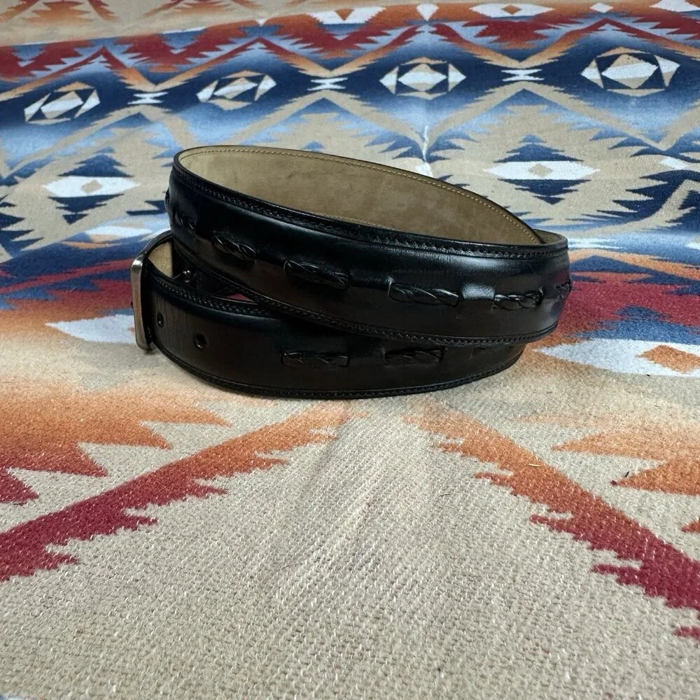 Mezlan Black Leather Belt with Top Stitch Detail Solid Brass Hardware Sz 36